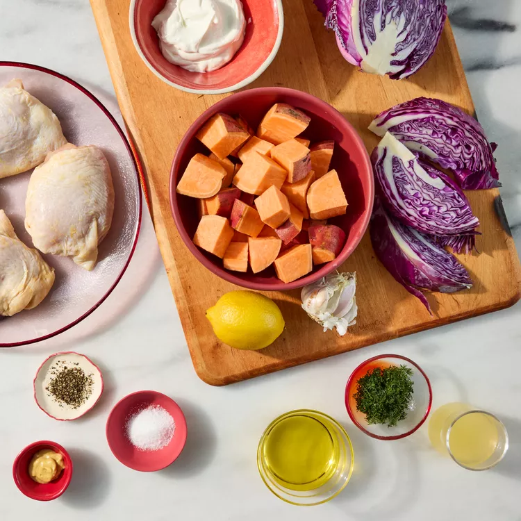 Sheet-Pan Chicken Thighs with Red Cabbage & Sweet Potatoes